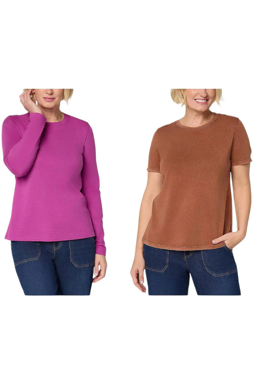 LOGO Principles by Lori Goldstein Women`s 2-pack Crew Neck Tops Cognac - Regular